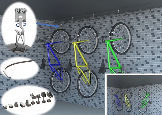 Flexible Fahrradhalterung, beliebig durch viele Komponenten erweiterbar.