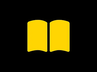 Gelbes Symbol eines offenen Buchs, das einen digitalen Produktkatalog darstellt.