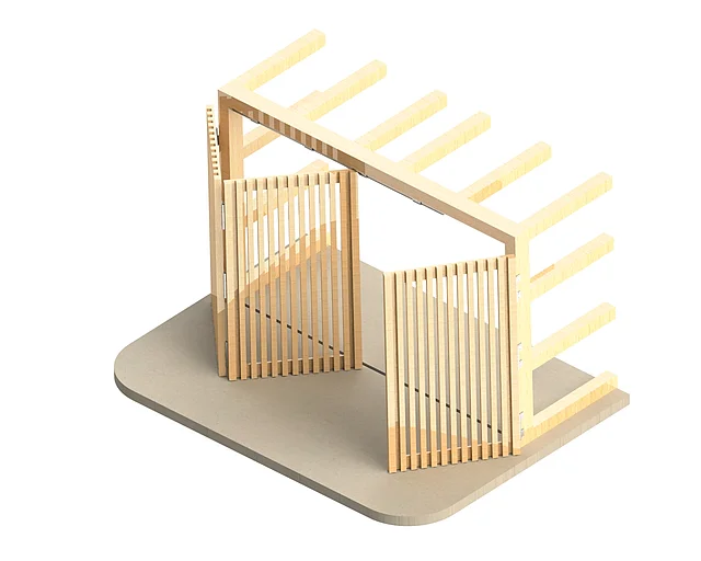 Wooden folding sliding gate with vertical slats in closed position