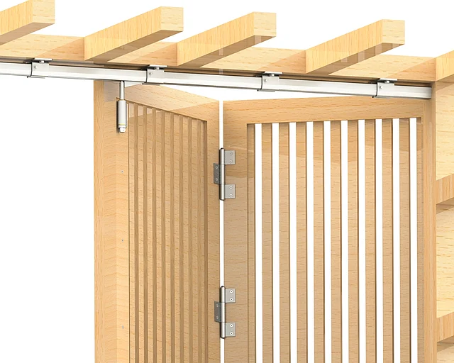 Top-hung hardware detail on a folding sliding gate with wooden slats