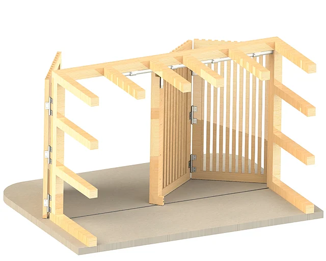 Wooden folding sliding gate with vertical slats in half-open position