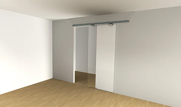 Aluminium-Schiebetürsystem mit oberer Laufschiene für Türen bis 80 kg. Montiert in einem modernen Innenraum.