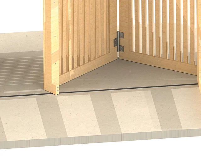 Wooden folding gate with hinges and floor guide rail made of metal